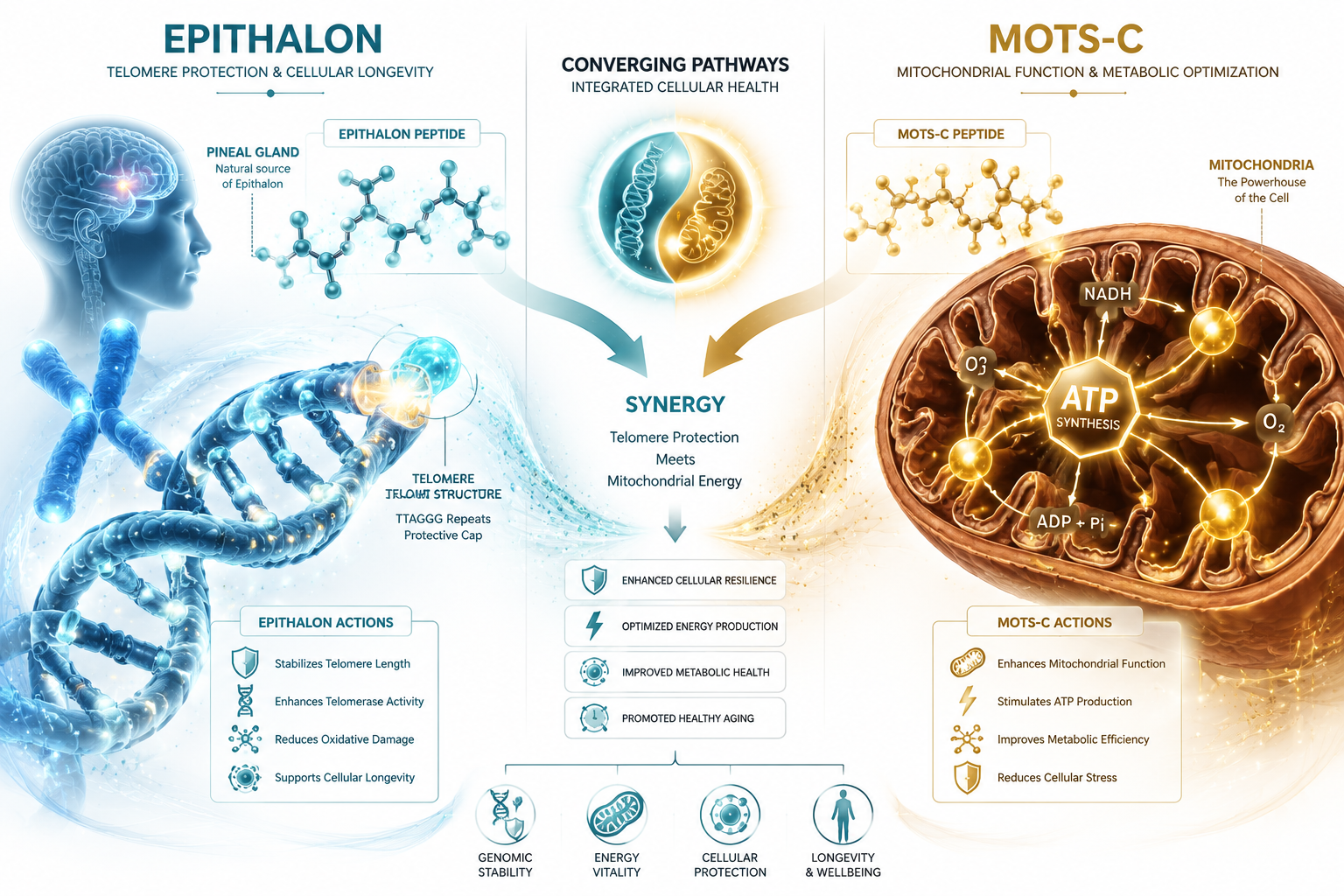 Detailed () scientific illustration showing a split-panel concept: left side depicts Epithalon peptide interacting with