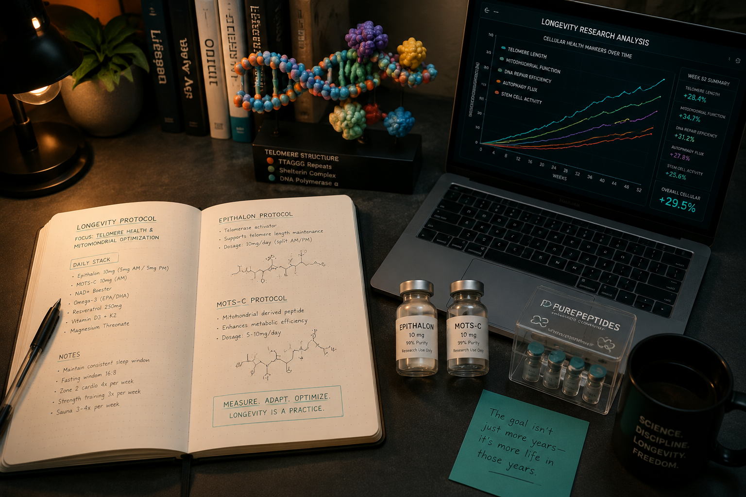 Detailed () showing a researcher's desk perspective from above: open research notebook with handwritten protocol notes,