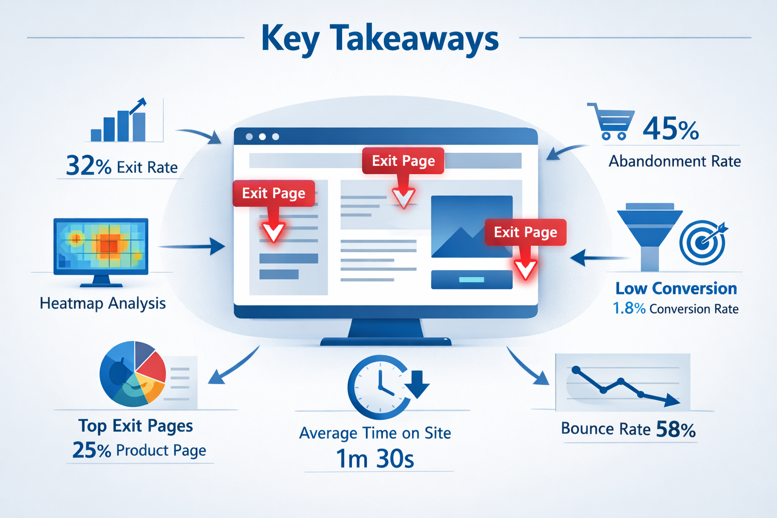 Infographic-style illustration for 'Key Takeaways' section showing website analytics dashboard with highlighted exit page metrics. Central g