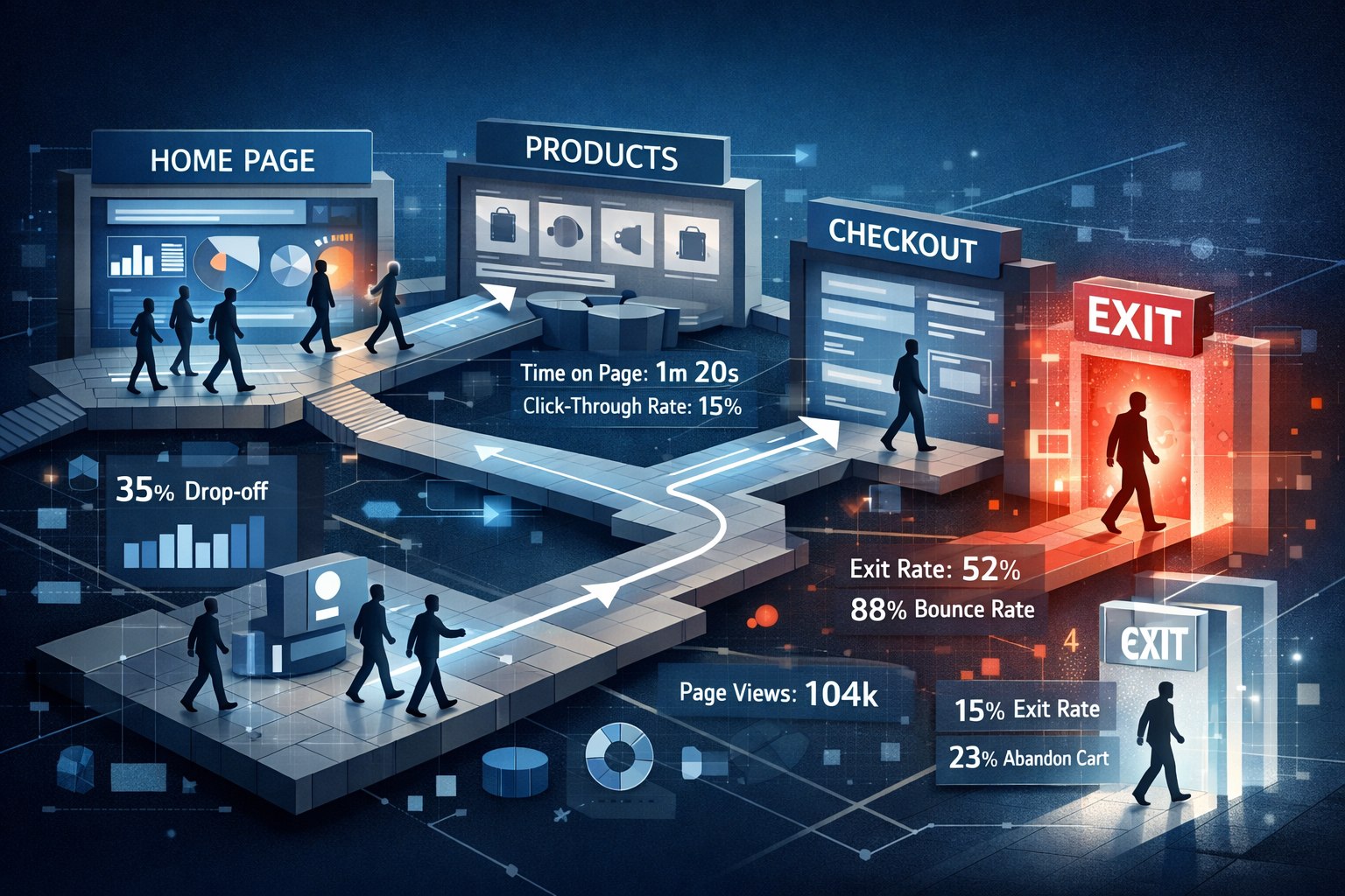 Conceptual visualization for 'What Exit Pages Actually Tell You' section depicting a website as a mapped journey, with user paths highlighte