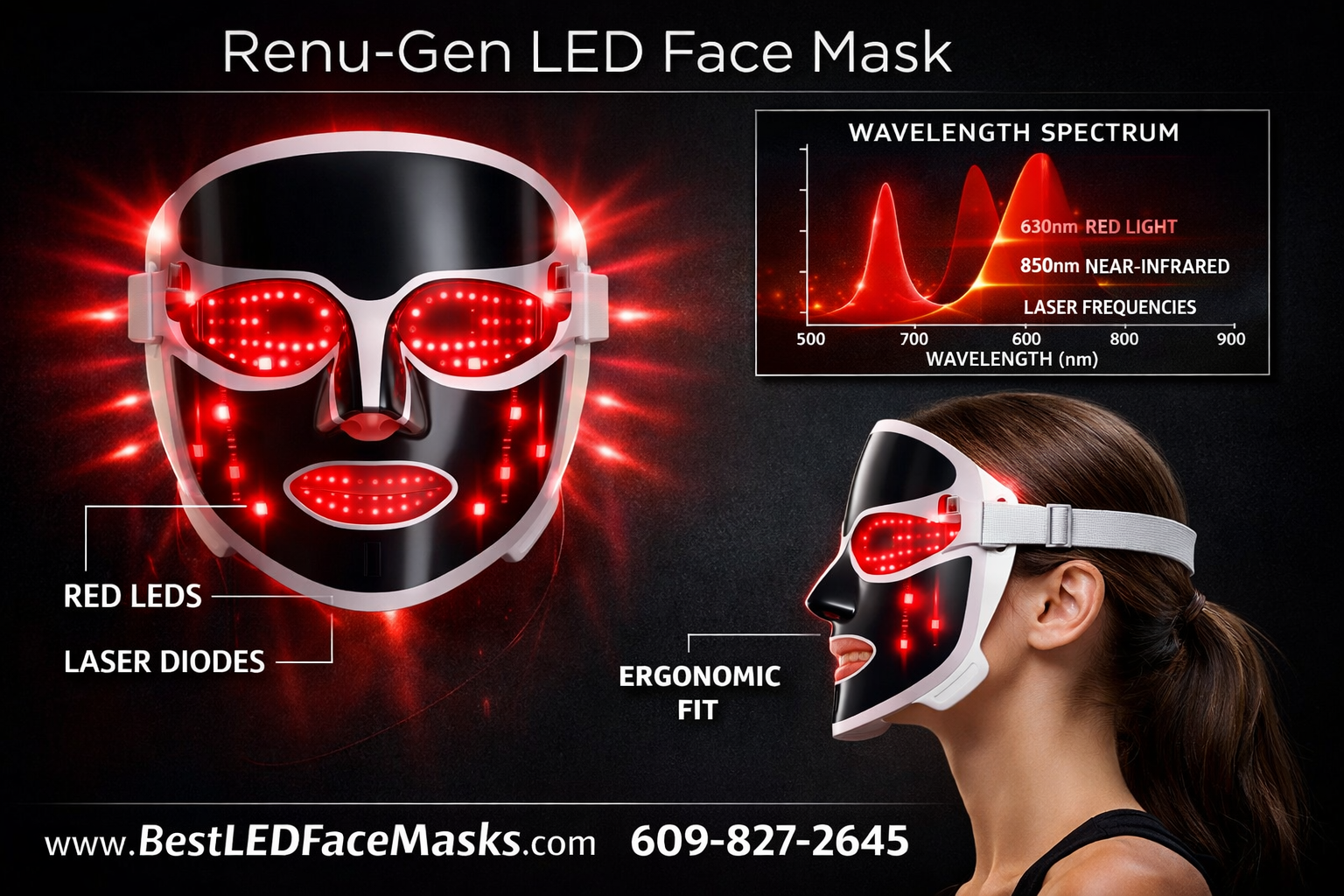 () detailed technical diagram showing the Renu-Gen LED face mask from multiple angles: front view showing red LED light