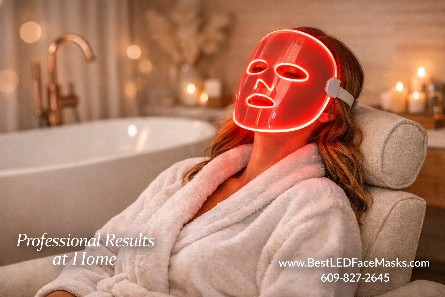 () lifestyle editorial photo showing a woman relaxing at home wearing a glowing red LED face mask, seated in a modern