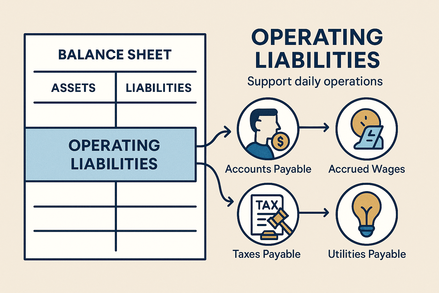 Detailed infographic illustration showing the operating liabilities definition concept with a split-screen composition: left side displays a
