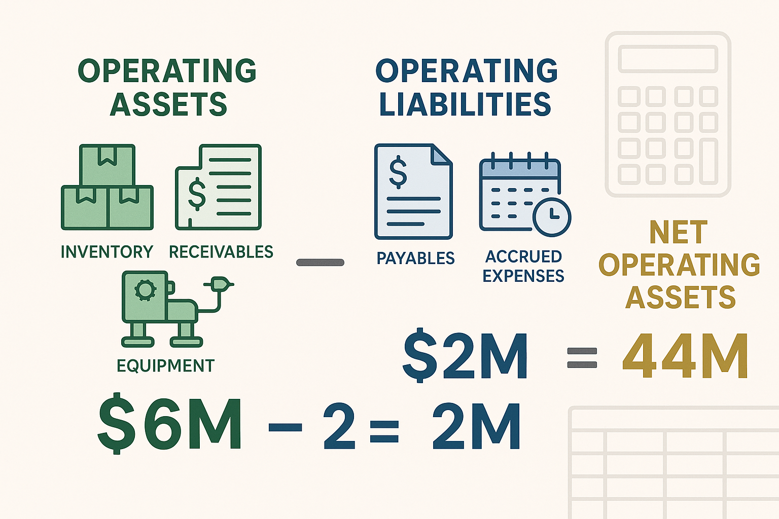 Comprehensive visual diagram illustrating the Net Operating Assets formula: NOA = Operating Assets - Operating Liabilities. Display as a mat