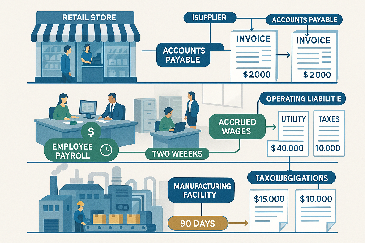 Real-world business scenario illustration showing three company examples of operating liabilities in action. Top panel: retail store with su