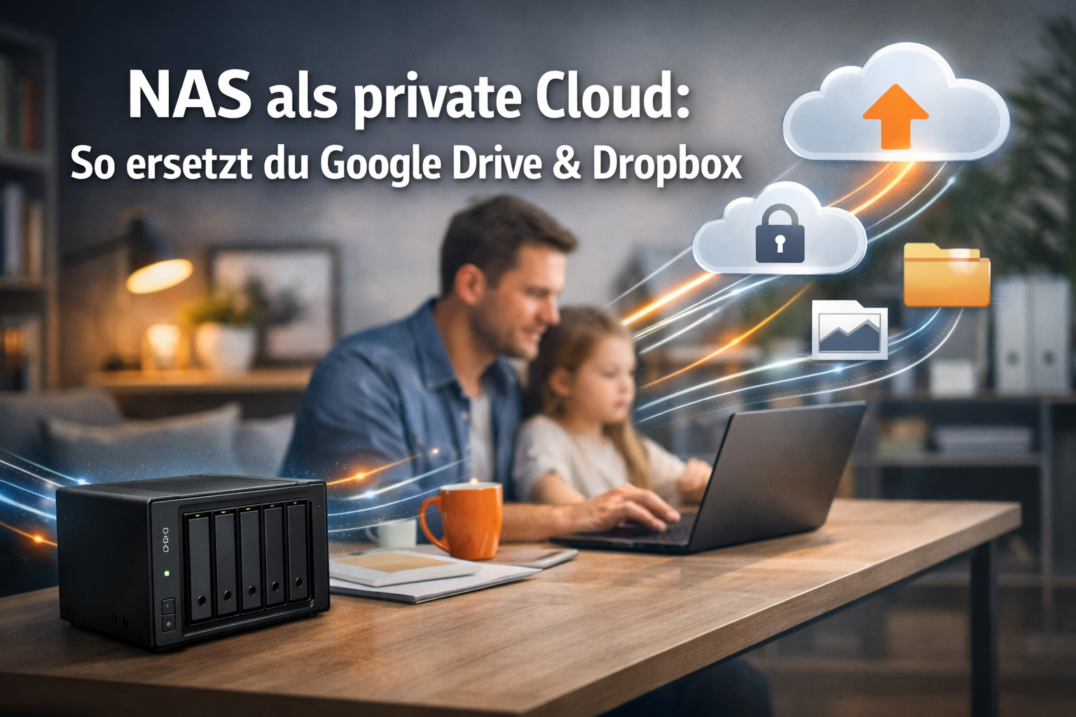 Professionelles Querformat () Hero-Bild mit dem kühnen Text-: 'NAS als private Cloud: So ersetzt du Google Drive & Dropbox',