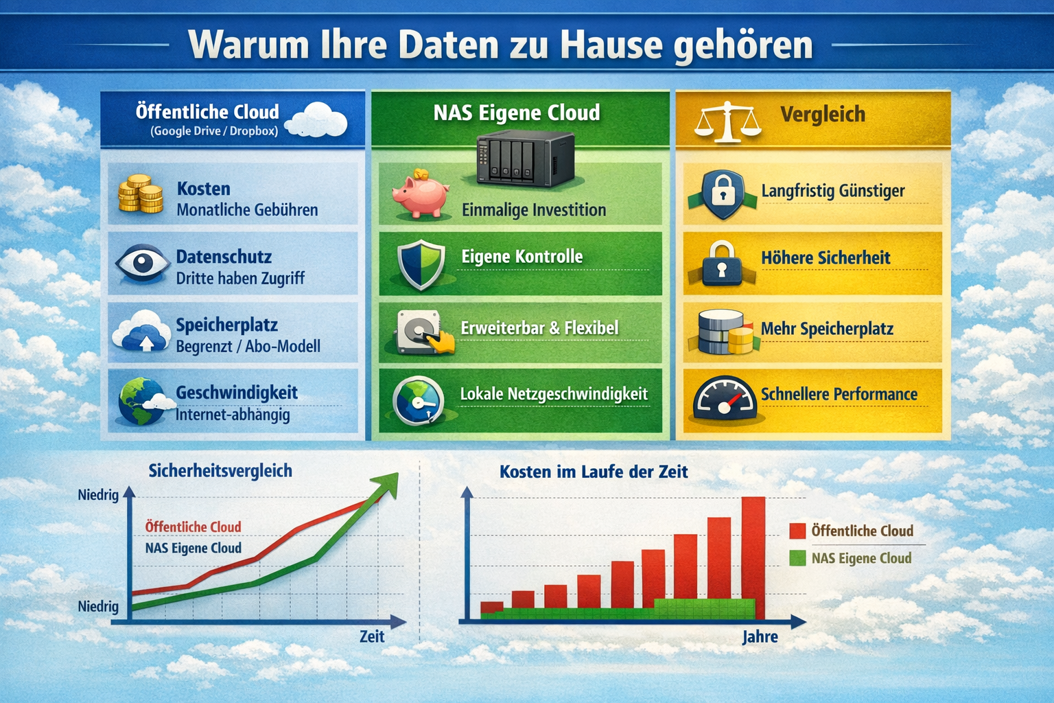 Detailliertes Querformat () Bild, das eine detaillierte Infografik darstellt, die die Vorteile einer NAS eigene Cloud