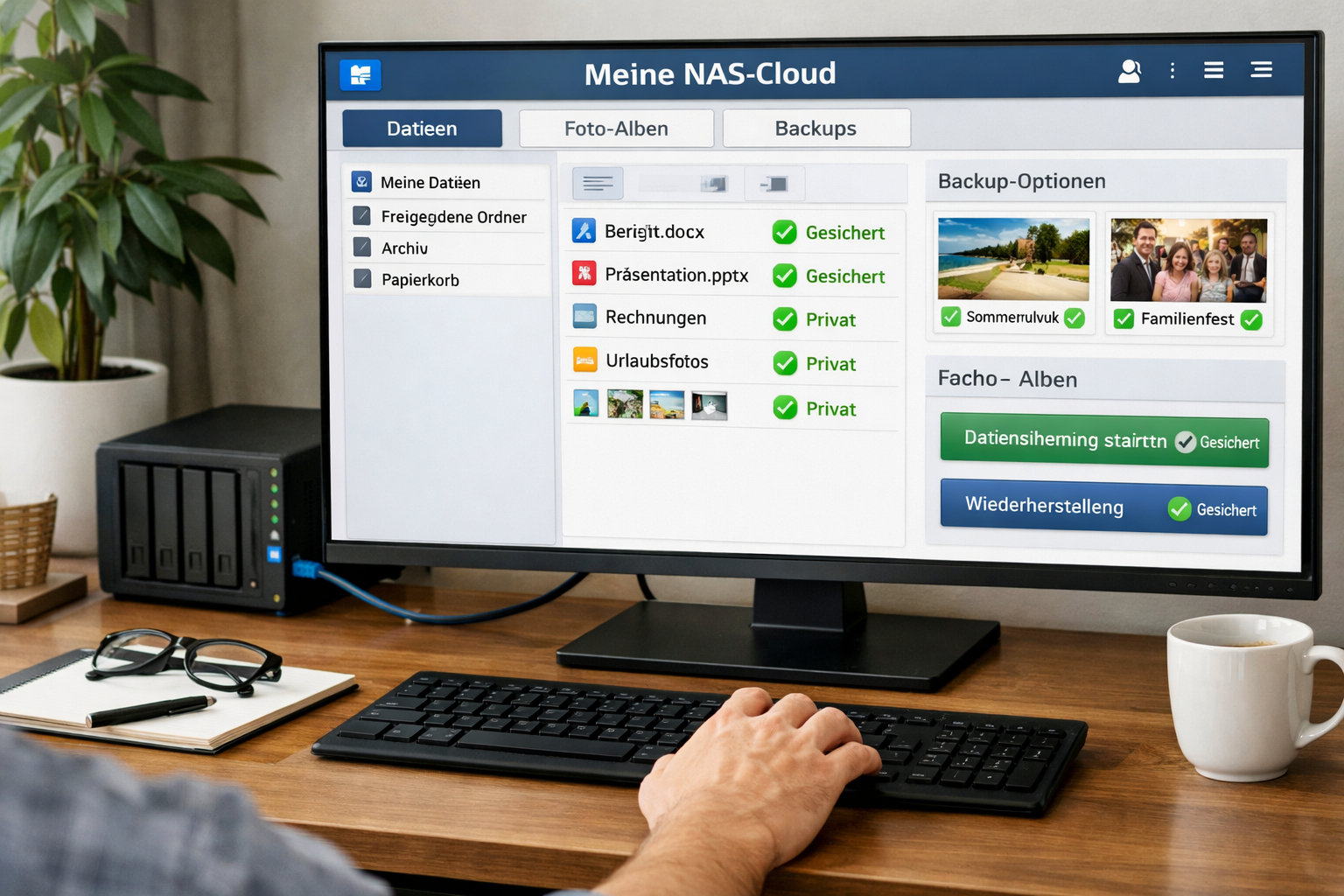 Detailliertes Querformat () Bild, das einen modernen Home-Office-Arbeitsplatz zeigt, bei dem ein NAS-Gerät (z.B. ein
