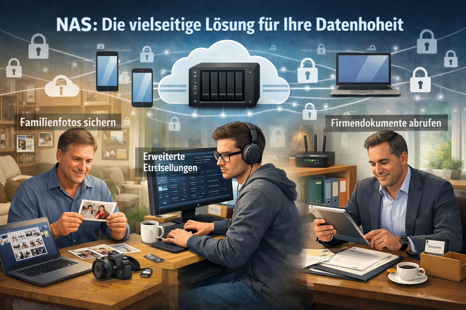 Detailliertes Querformat () Bild, das verschiedene Personen – einen Hausbesitzer, einen Technologie-Enthusiasten und einen