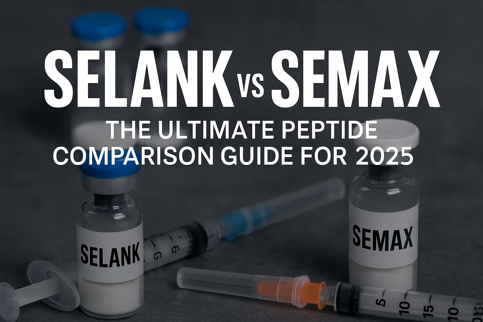 Professional landscape hero image (1536x1024) with bold text overlay: "Selank vs Semax: The Ultimate Peptide Comparison Guide for 2025". Mod