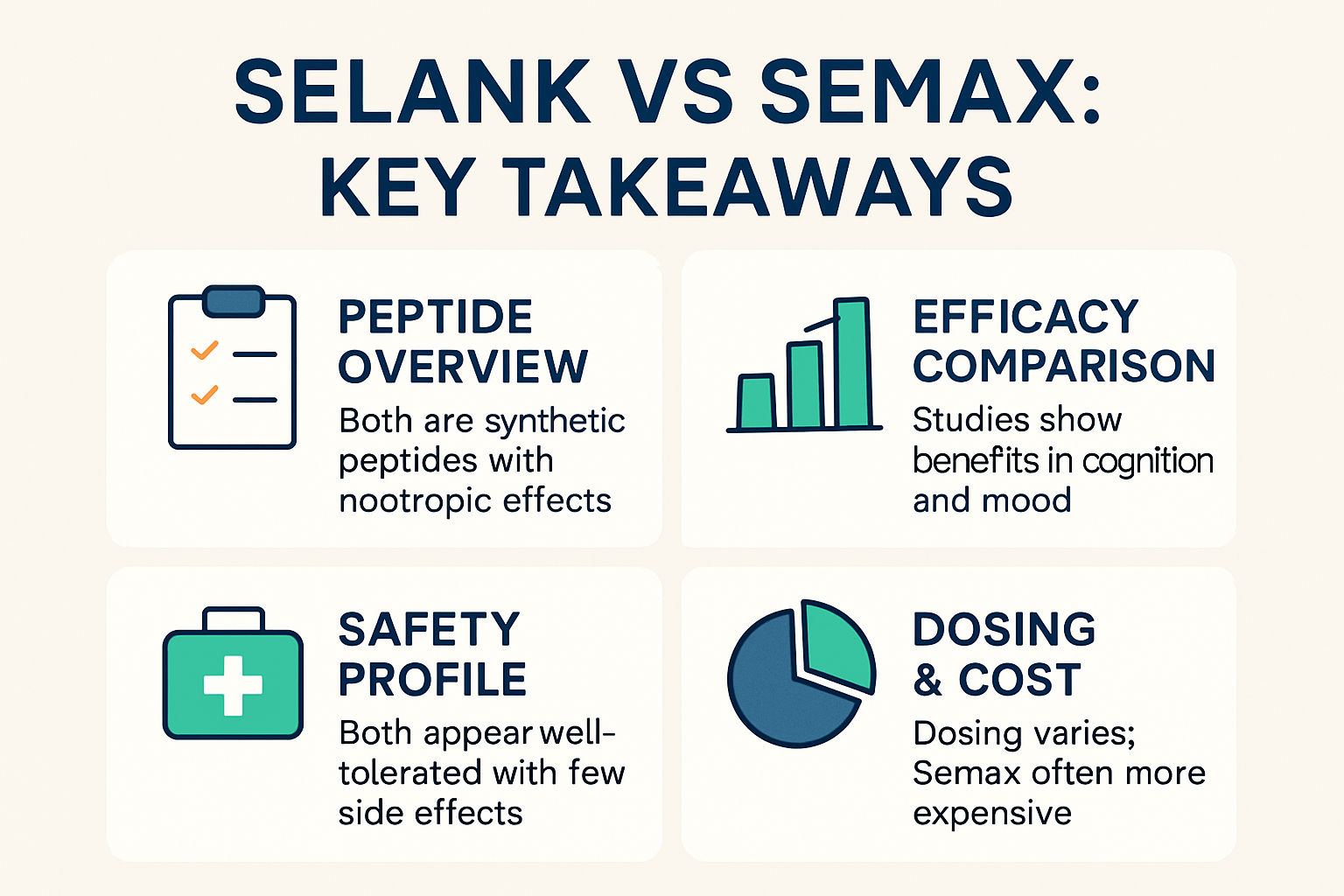 Professional landscape infographic (1536x1024) for article "Selank vs Semax: The Ultimate Peptide Comparison Guide for 2025", section: "Key 