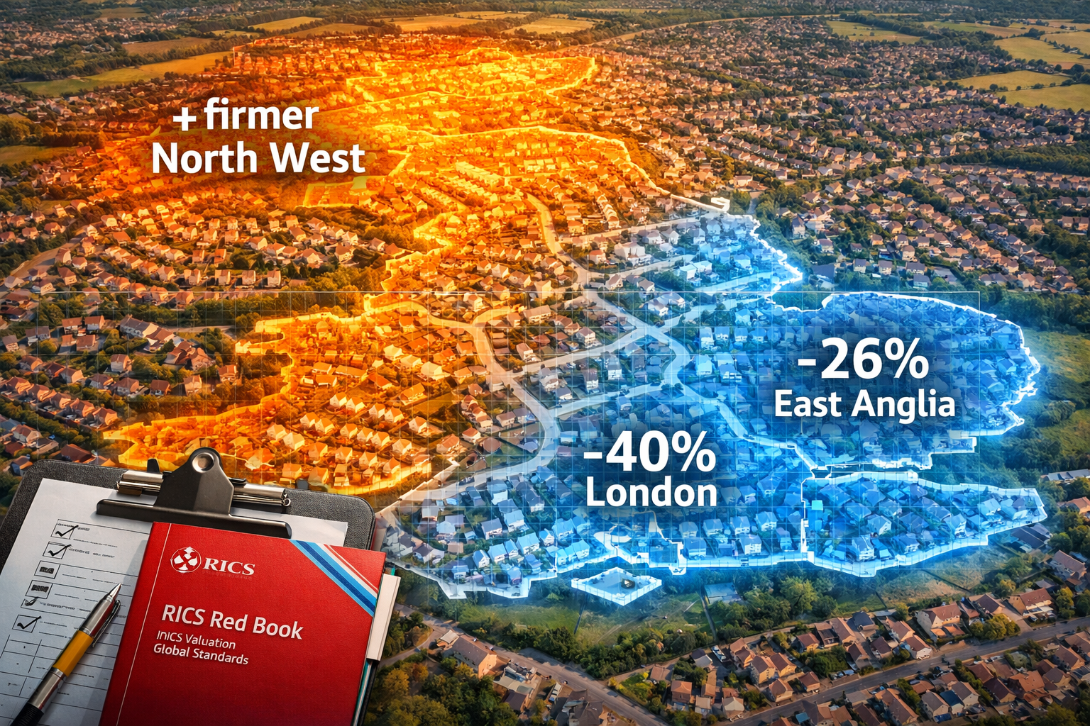 Aerial overhead view of a UK housing estate map with color-coded regional heat zones overlaid — northern regions glowing