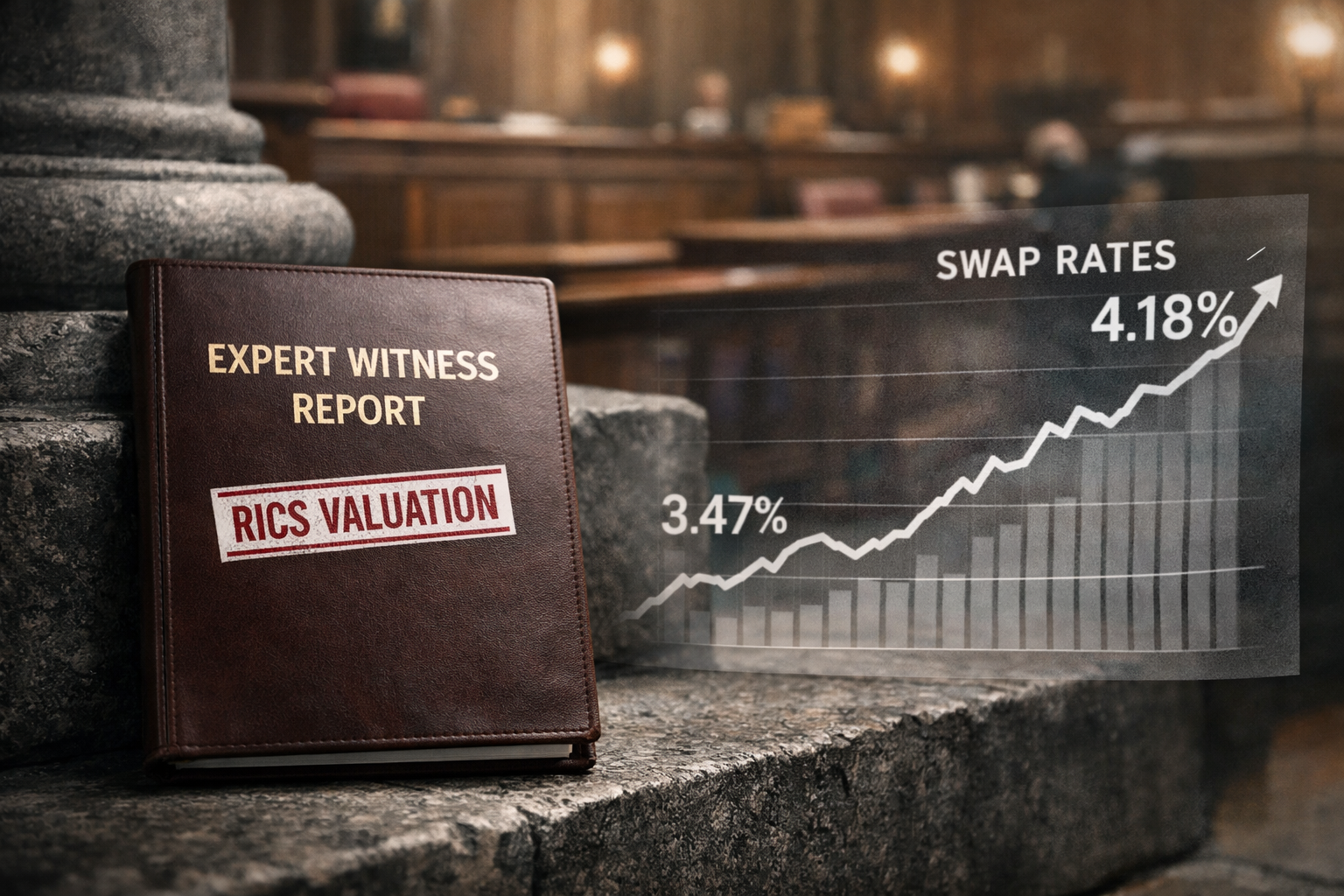 Close-up dramatic low-angle shot of a UK courthouse stone steps with a leather-bound expert witness report folder stamped