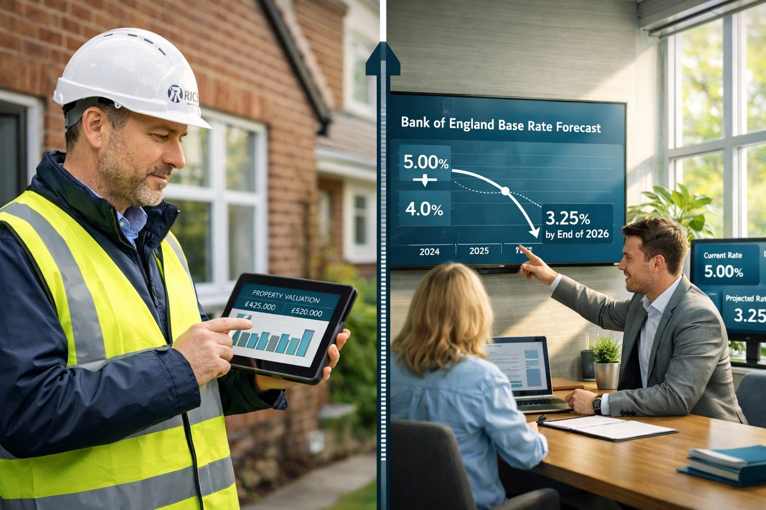 Split-scene landscape image: left half shows a professional RICS chartered surveyor in a hard hat conducting a property