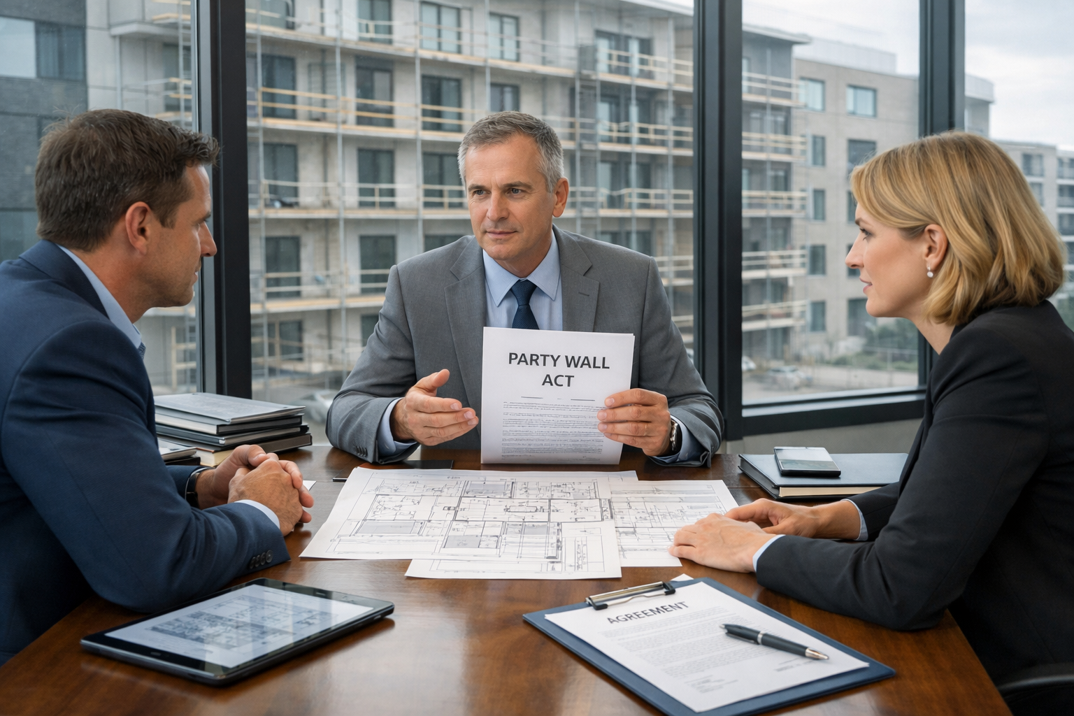 Detailed () image showing professional mediation scene in modern conference room with three parties seated at polished