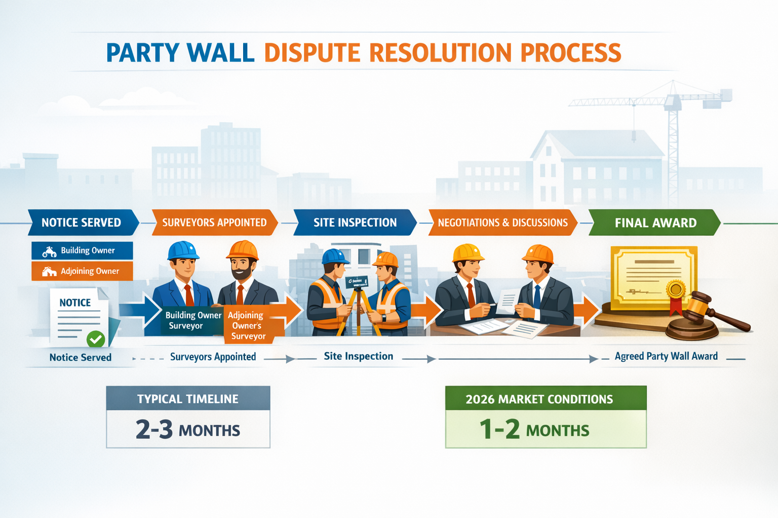 () infographic-style image displaying timeline of party wall dispute resolution process with clear visual flowchart,