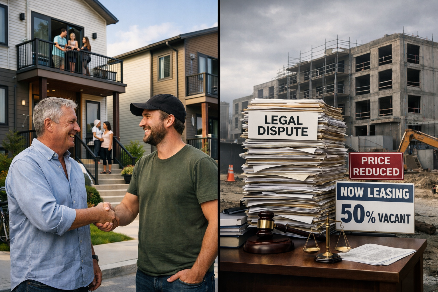 () split-screen comparison image showing two multifamily development scenarios: left side depicts successful proactive party