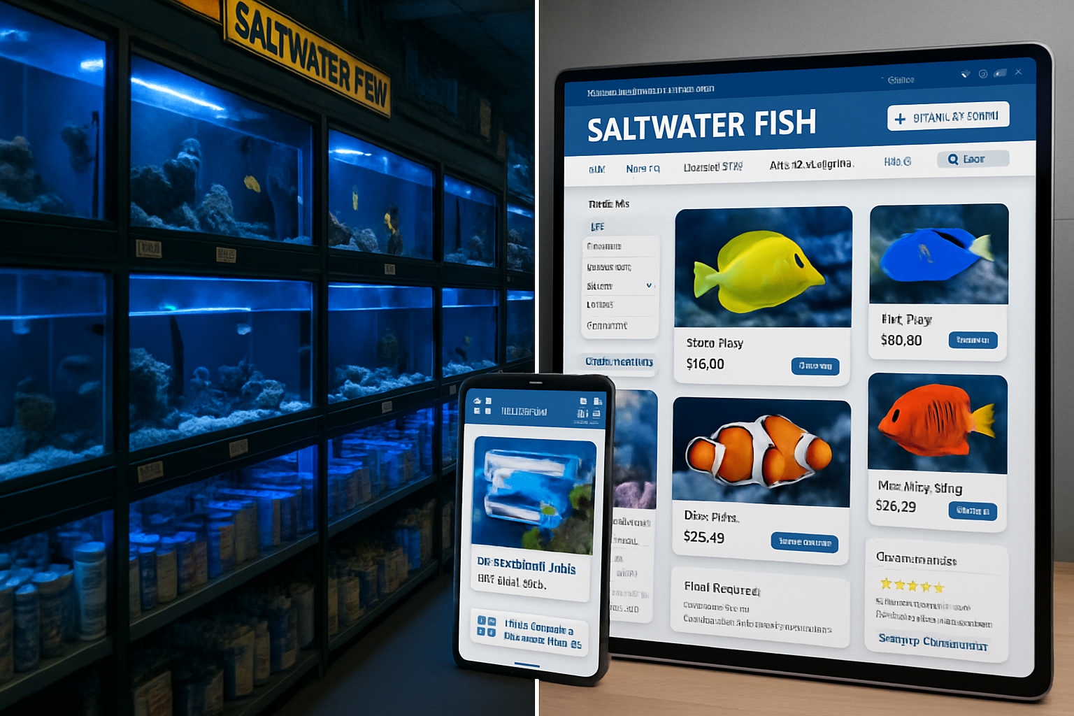Detailed landscape image (1536x1024) showing split-screen comparison of traditional pet store vs modern online saltwater fish website interf