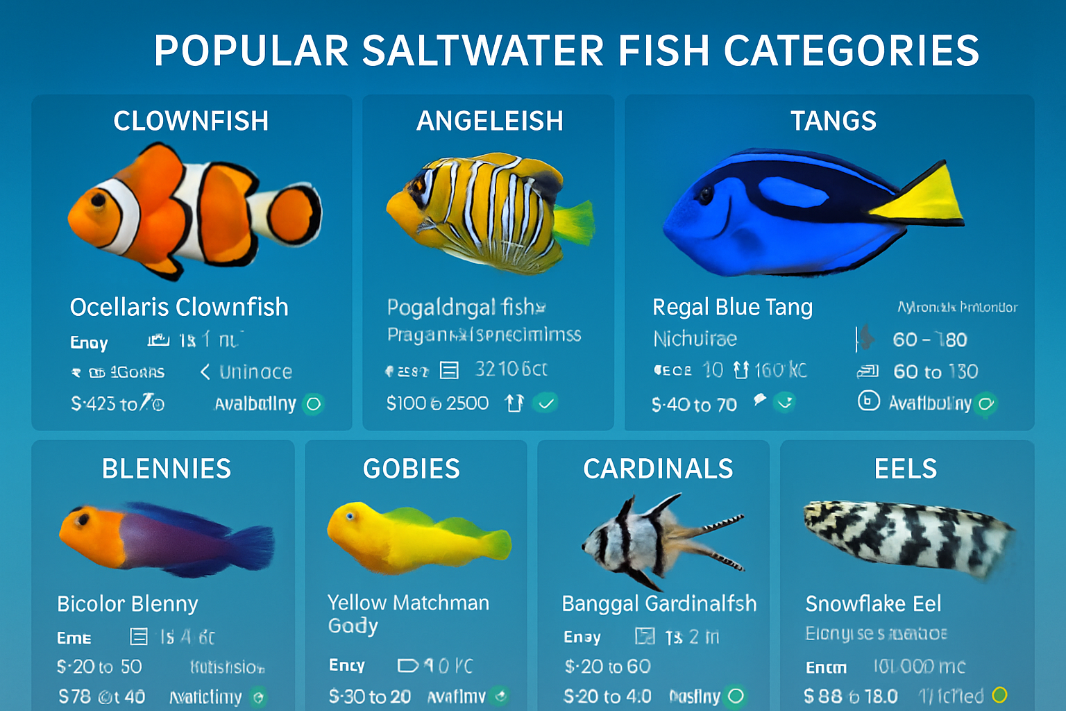 Comprehensive landscape infographic (1536x1024) displaying popular saltwater fish categories in organized grid layout. Features high-quality