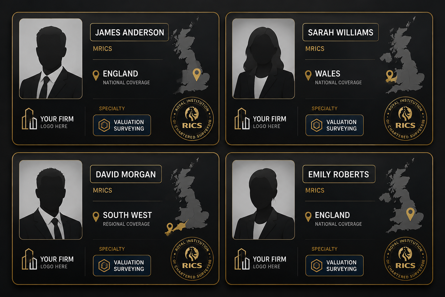 () composite profile board showing four framed expert witness profile cards arranged in a 2x2 grid against a dark charcoal