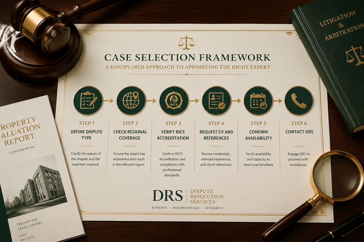 () decision-tree diagram styled as a premium legal document on a mahogany desk surface. The flowchart shows case selection