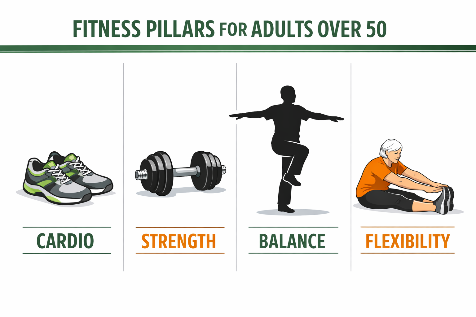Detailed () editorial illustration showing four fitness pillars for adults over 50: a split-panel infographic with icons