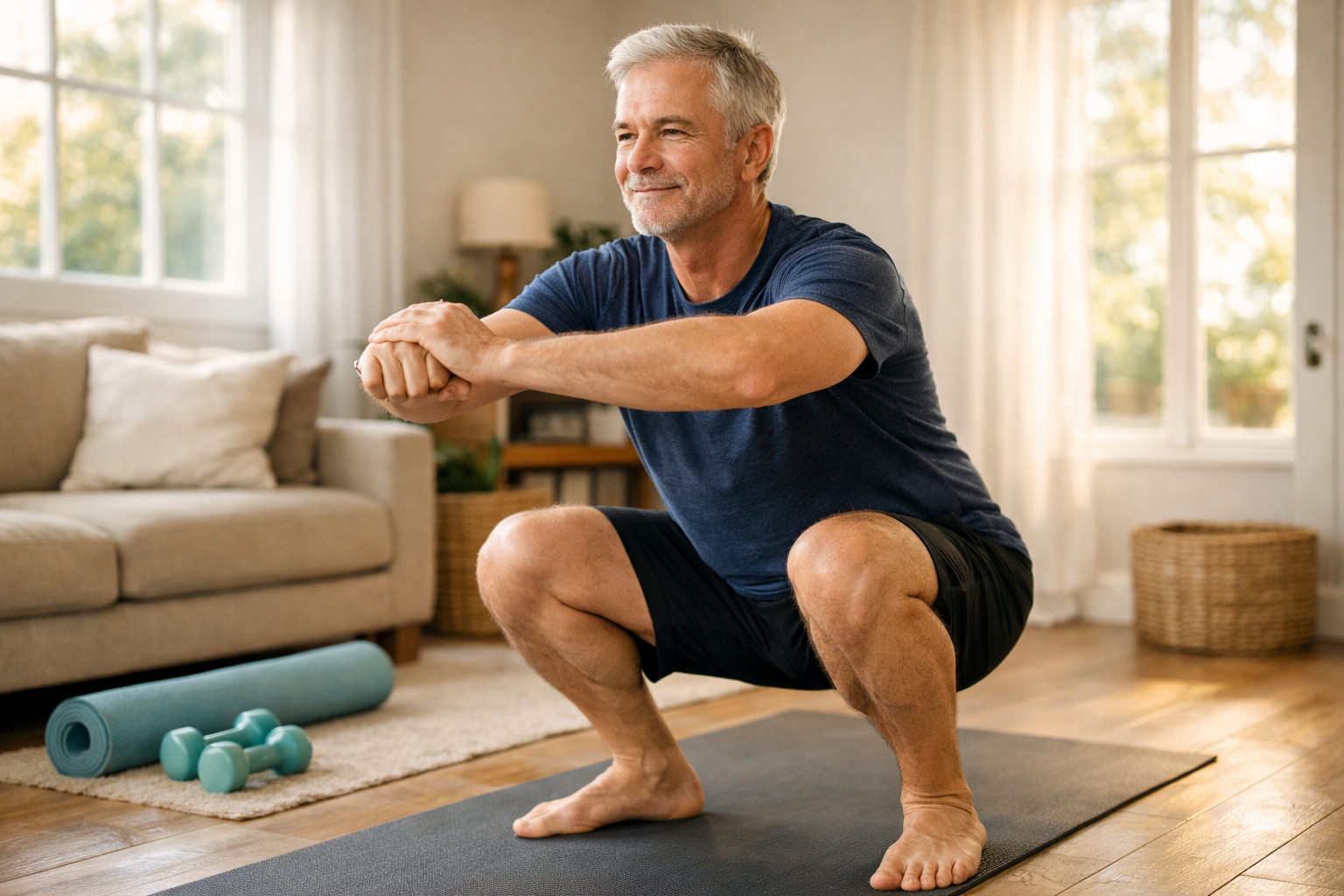 () close-up action photograph of a fit adult aged 55-65 performing a bodyweight squat in a bright home living room, proper