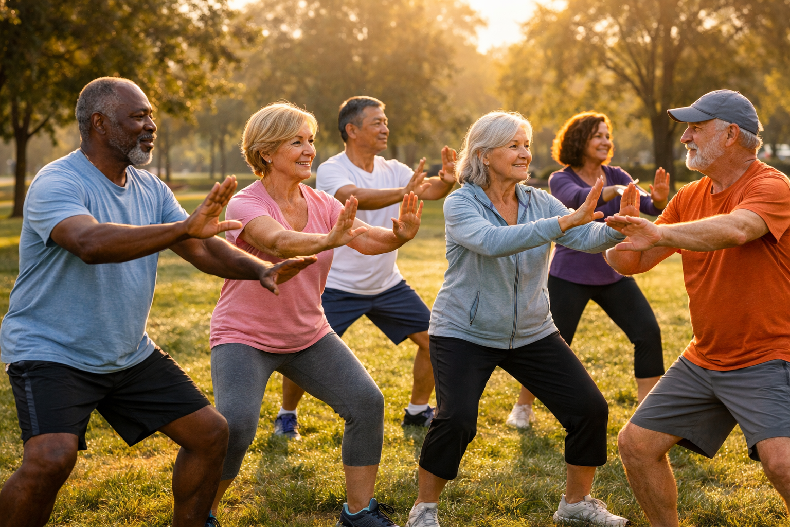 () side-angle photograph of a diverse group of adults aged 50-65 in a community fitness class outdoors in a park, performing