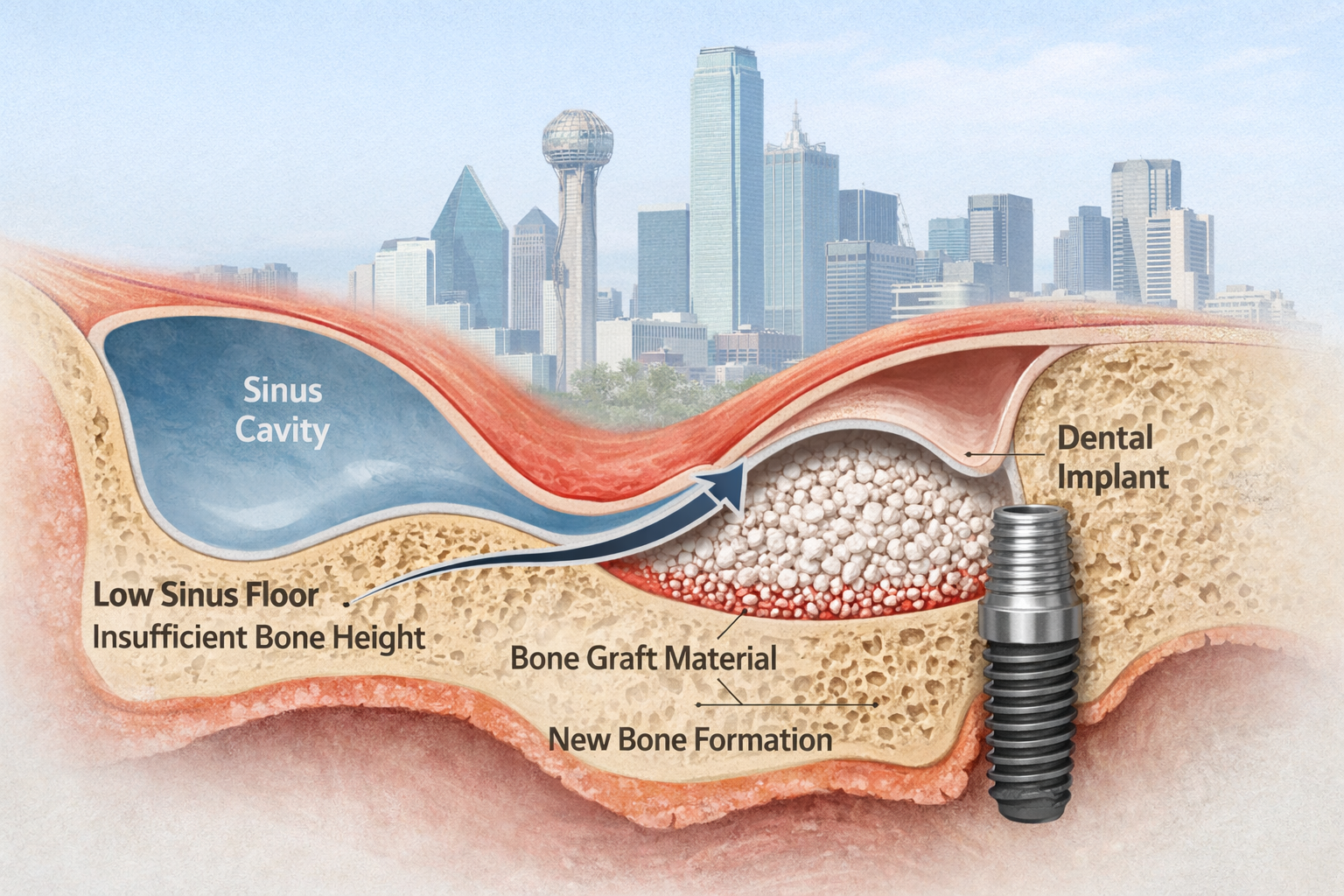 A detailed, highlighting the insufficient bone height. An arrow points from the sinus floor to a lifted membrane, with a