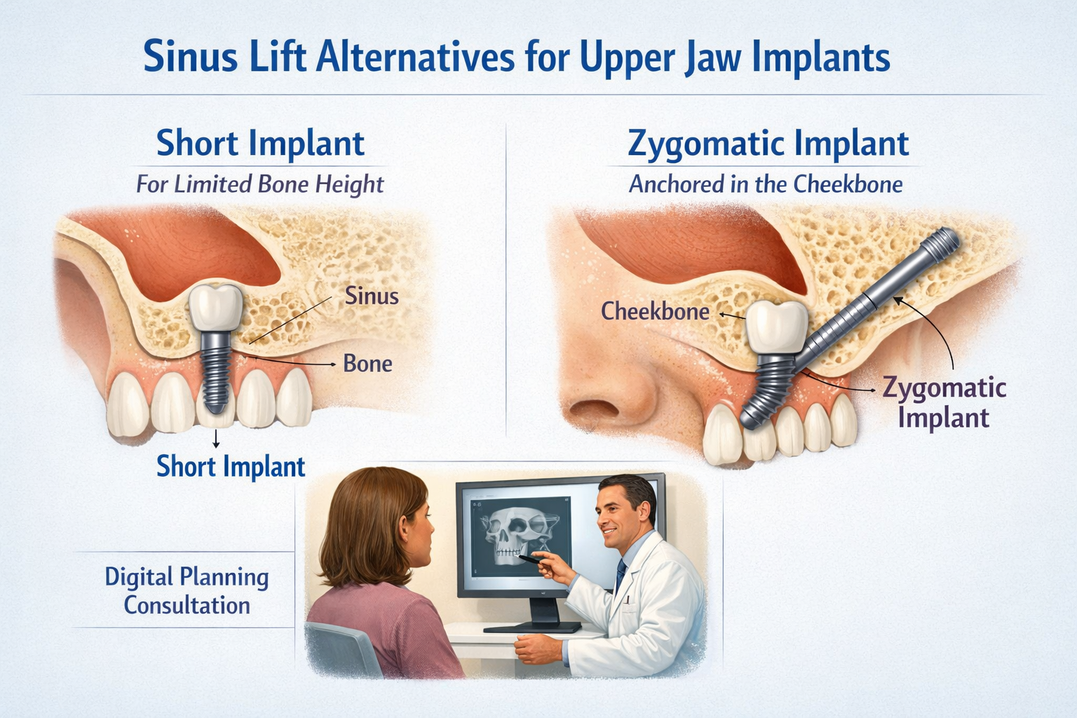 An educational () image showcasing alternatives to traditional sinus lifts for upper jaw implants. The image could feature