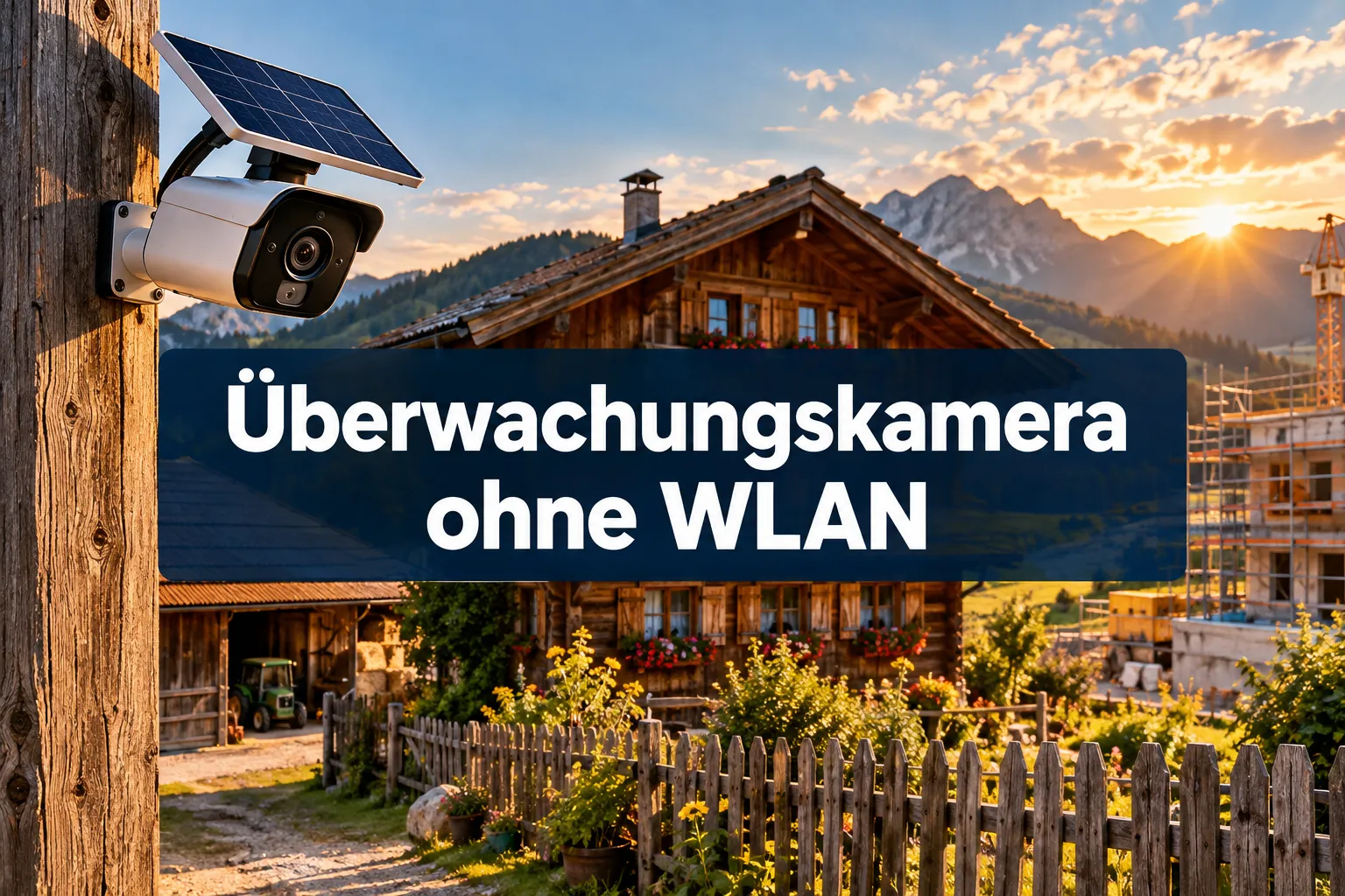Professional () hero image with 'Überwachungskamera ohne WLAN' in crisp white modern on a dark semi-transparent horizontal