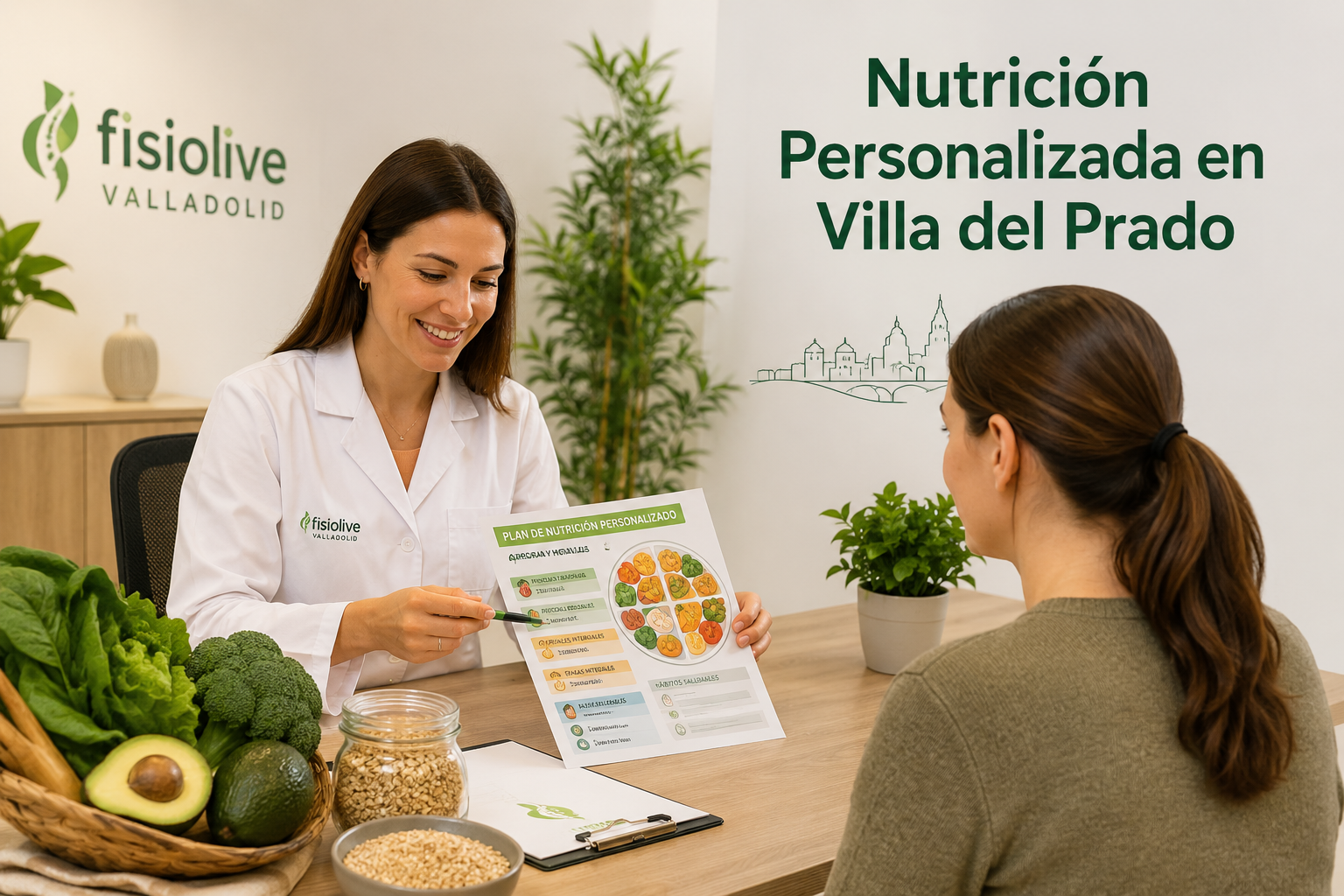 () editorial image showing a professional female nutritionist at a modern clinic desk in Valladolid, reviewing a colorful