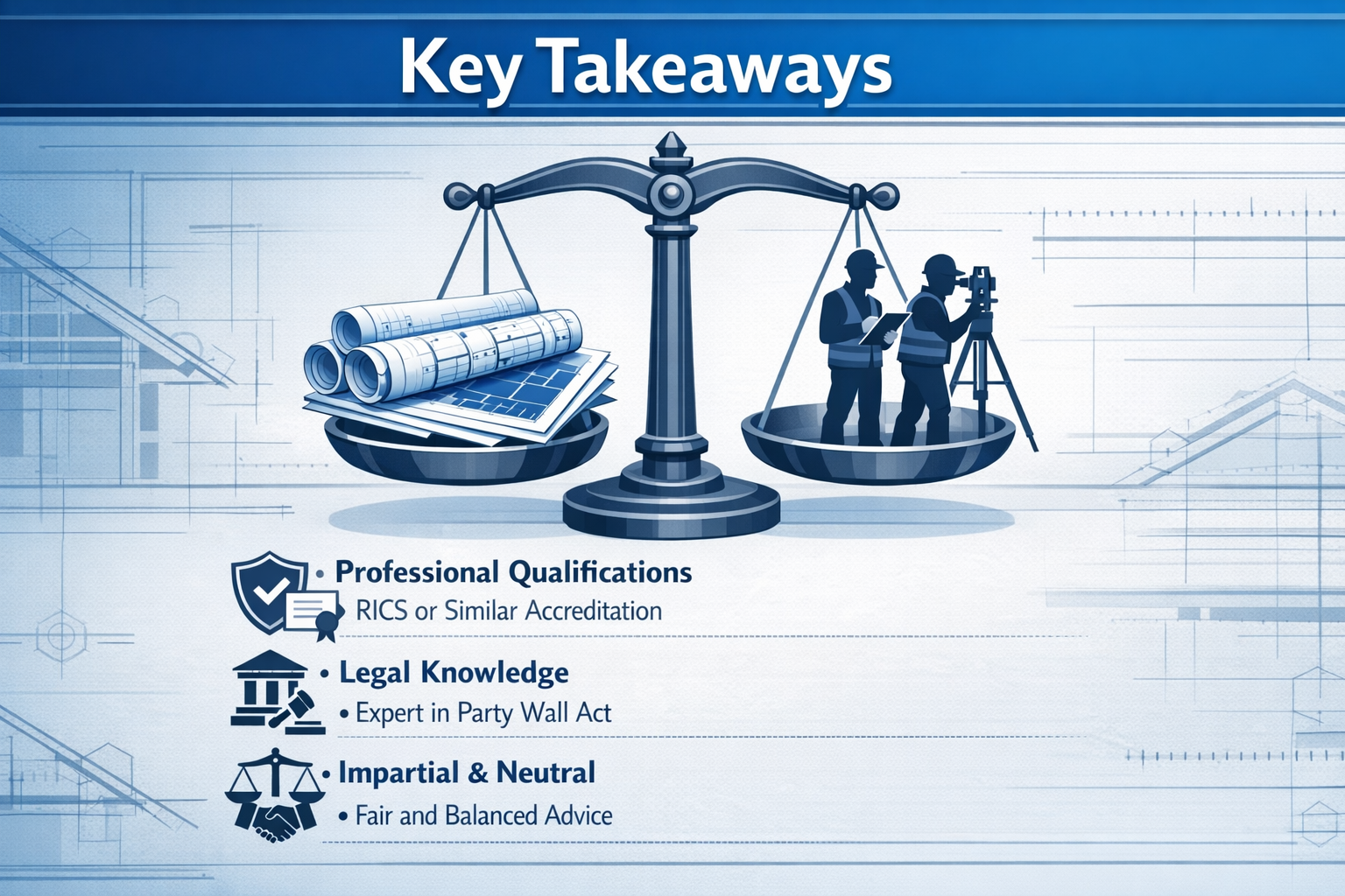 Infographic-style visual for 'Key Takeaways' section depicting legal scales of justice balancing architectural blueprints