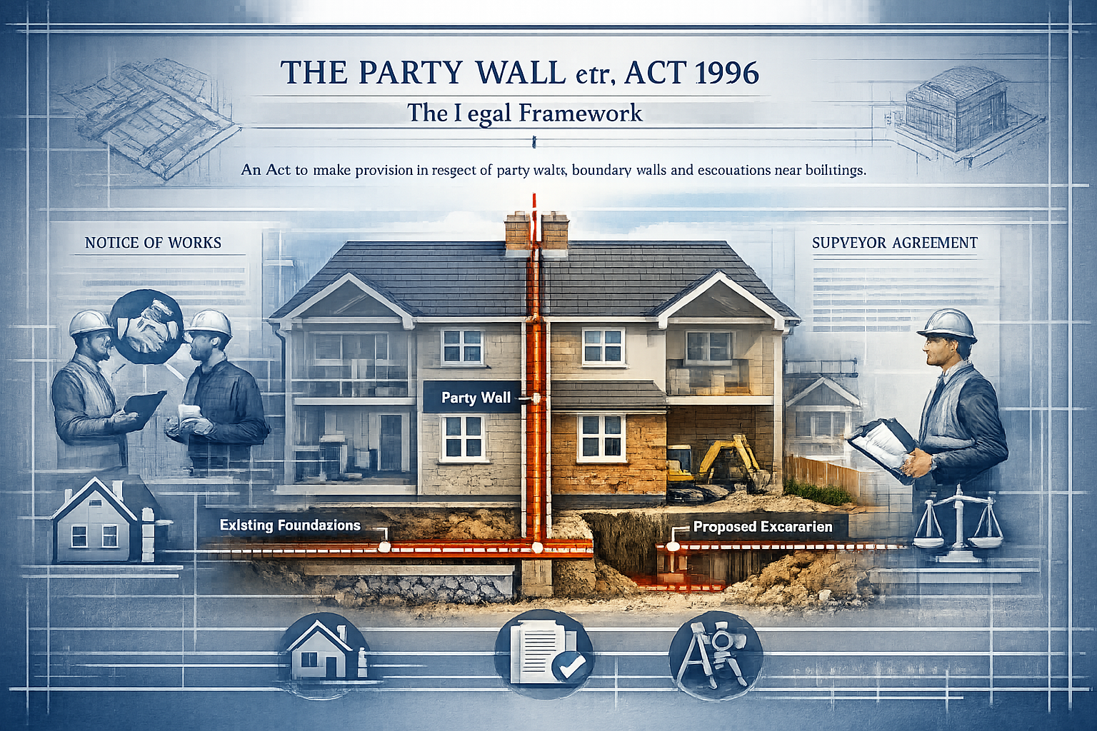 Technical illustration visualizing 'The Legal Framework' section of the Party Wall etc. Act 1996, showing a cutaway view of