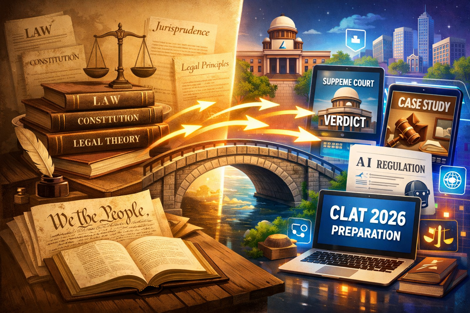 Landscape format (1536x1024) illustration showing the evolution from traditional legal theory to modern application-based learning. Split-sc