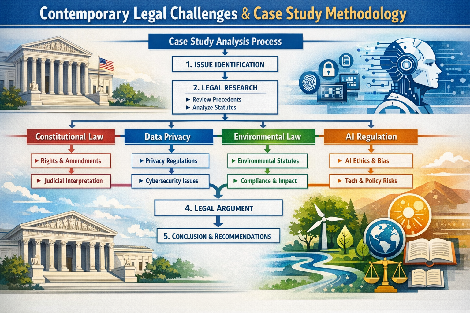 Detailed landscape format (1536x1024) infographic showcasing contemporary legal challenges and case study methodology. Central flowchart dis