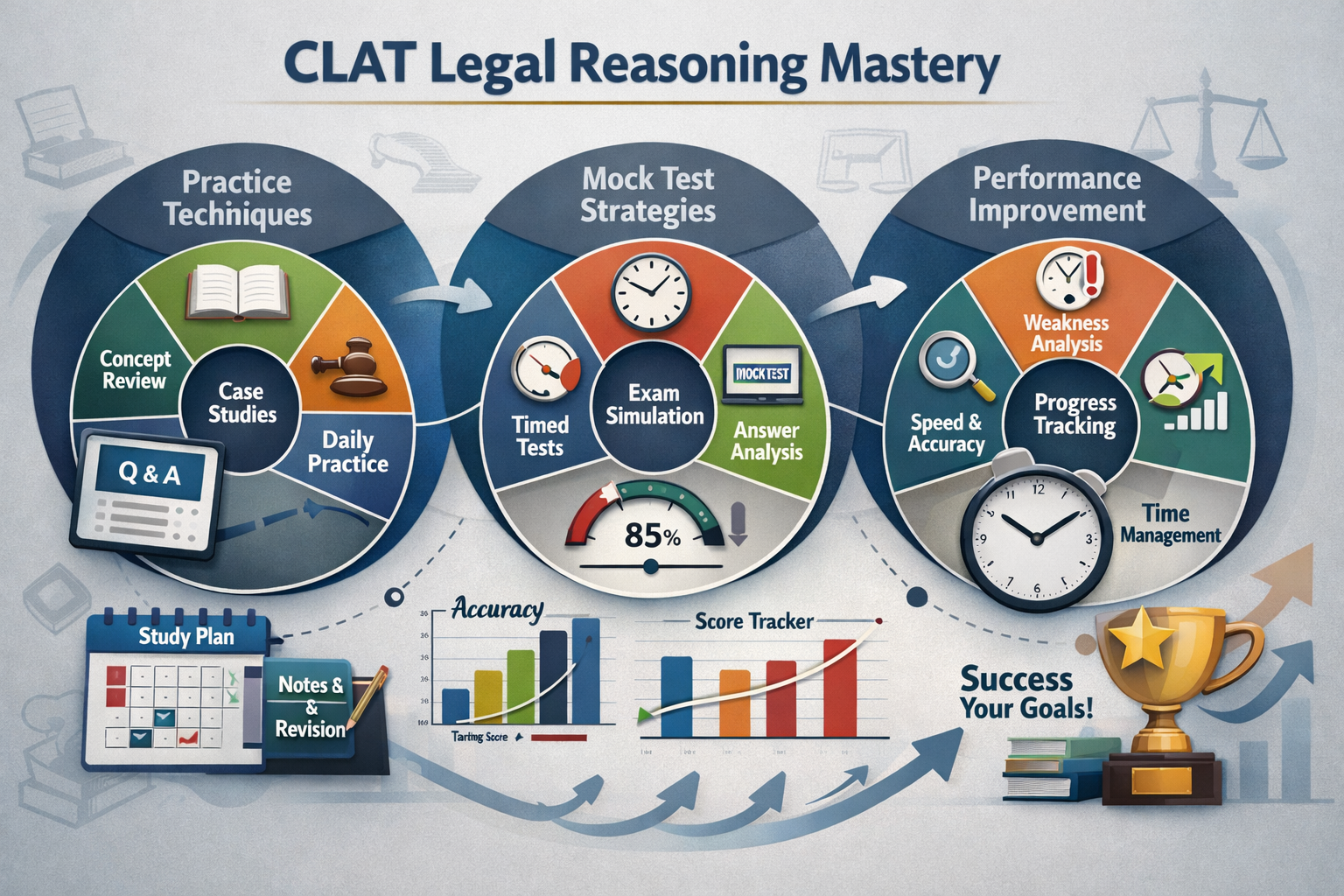 Professional landscape format (1536x1024) visualization of strategic CLAT legal reasoning mastery techniques. Multiple interconnected circul