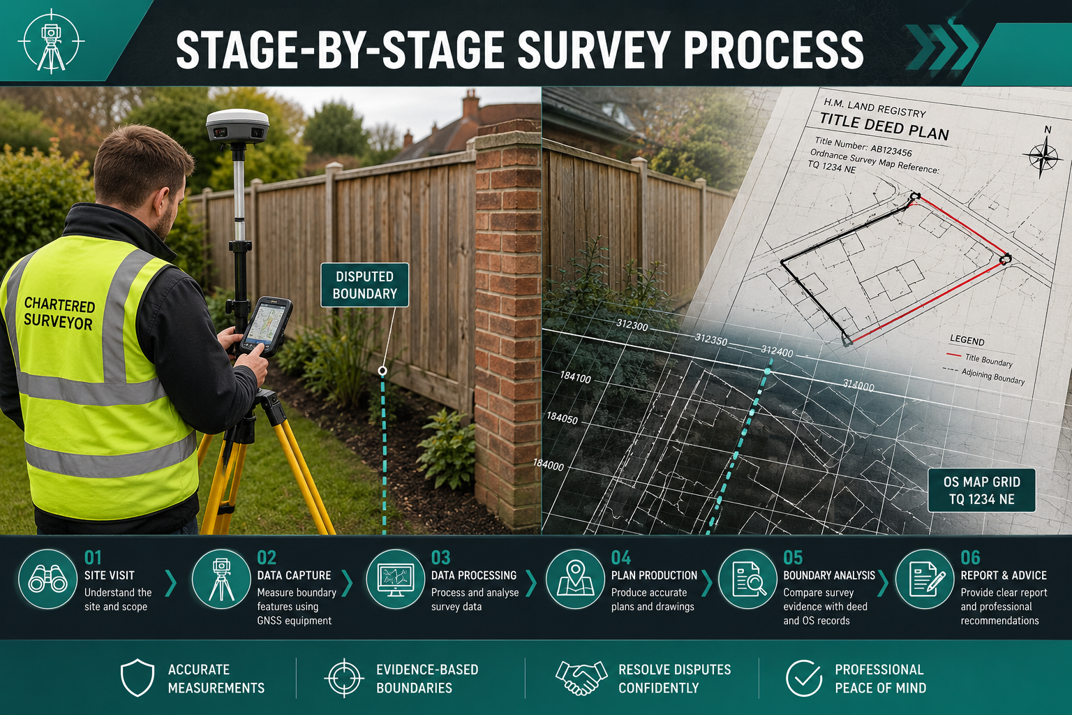 Detailed () illustration showing a split-scene: left side depicts a land surveyor in hi-vis vest operating a GNSS GPS