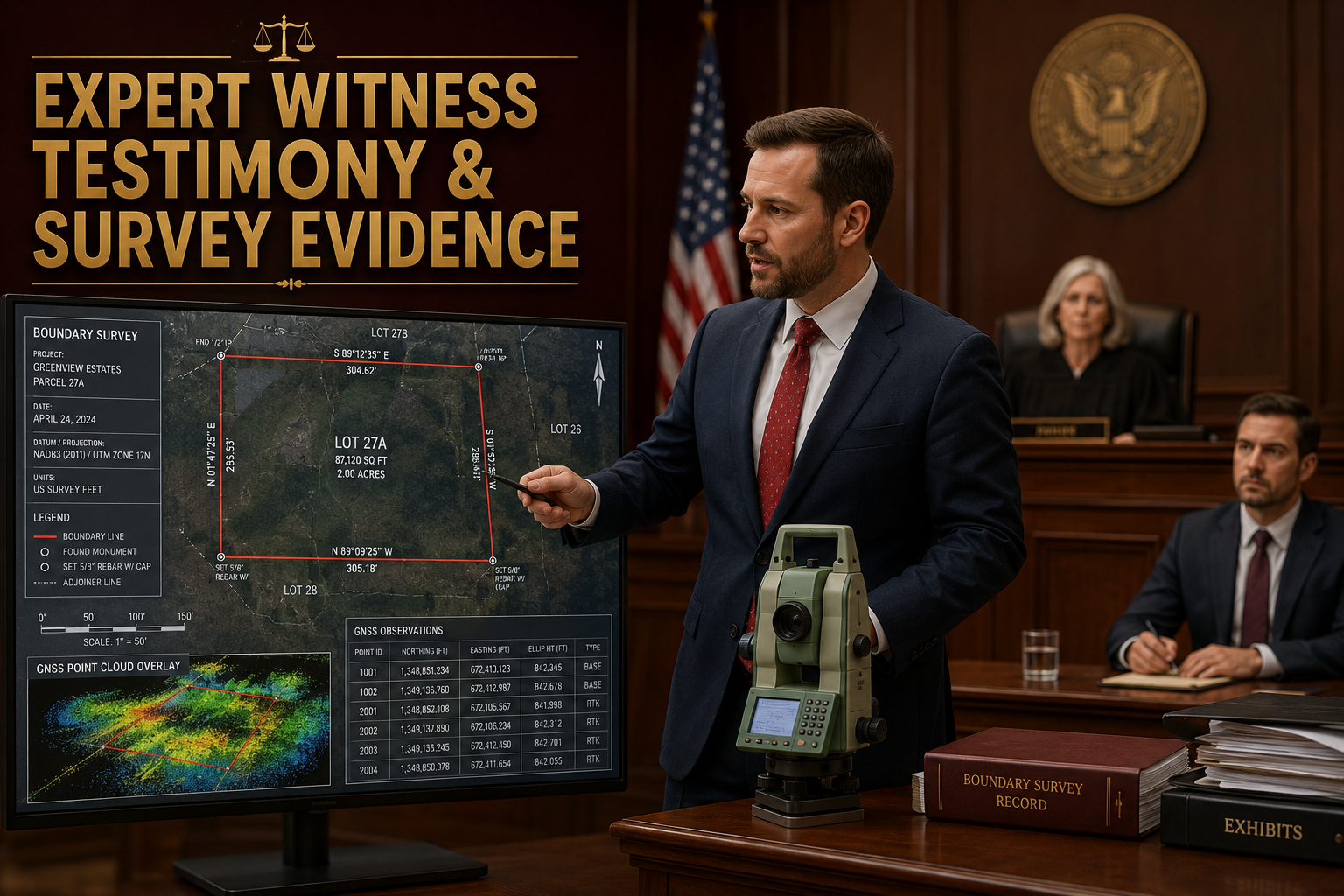 Detailed () courtroom-focused scene showing a professional expert witness surveyor standing at a presentation screen in a