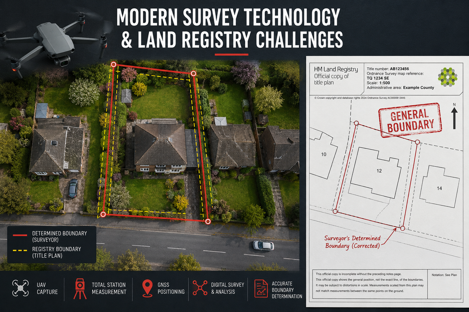 Detailed () top-down aerial perspective showing a residential property block with clearly marked boundary lines overlaid in