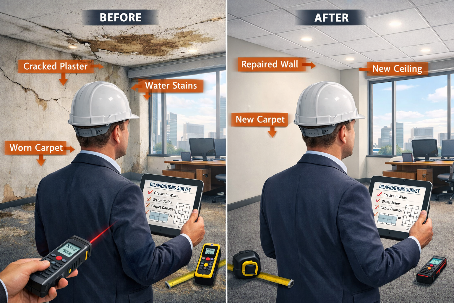 Landscape format (1536x1024) detailed illustration showing professional chartered surveyor conducting interior commercial property inspectio