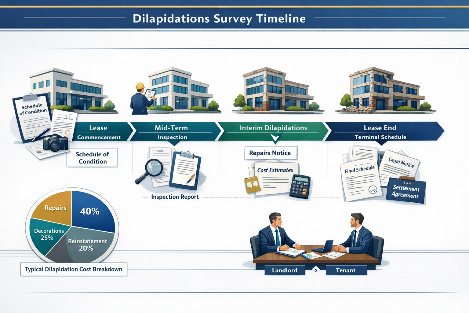 Landscape format (1536x1024) comprehensive infographic-style illustration depicting dilapidations survey timeline and process flow. Central
