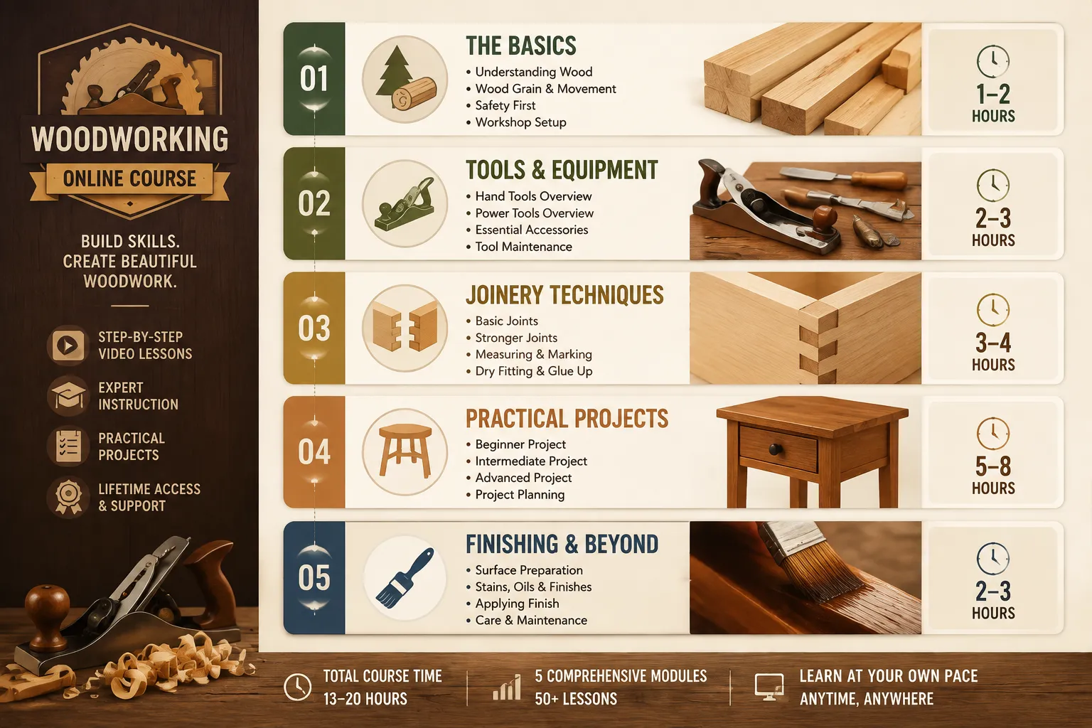 An infographic-style visual showing the structure of a typical woodworking online training course: modules listed vertically