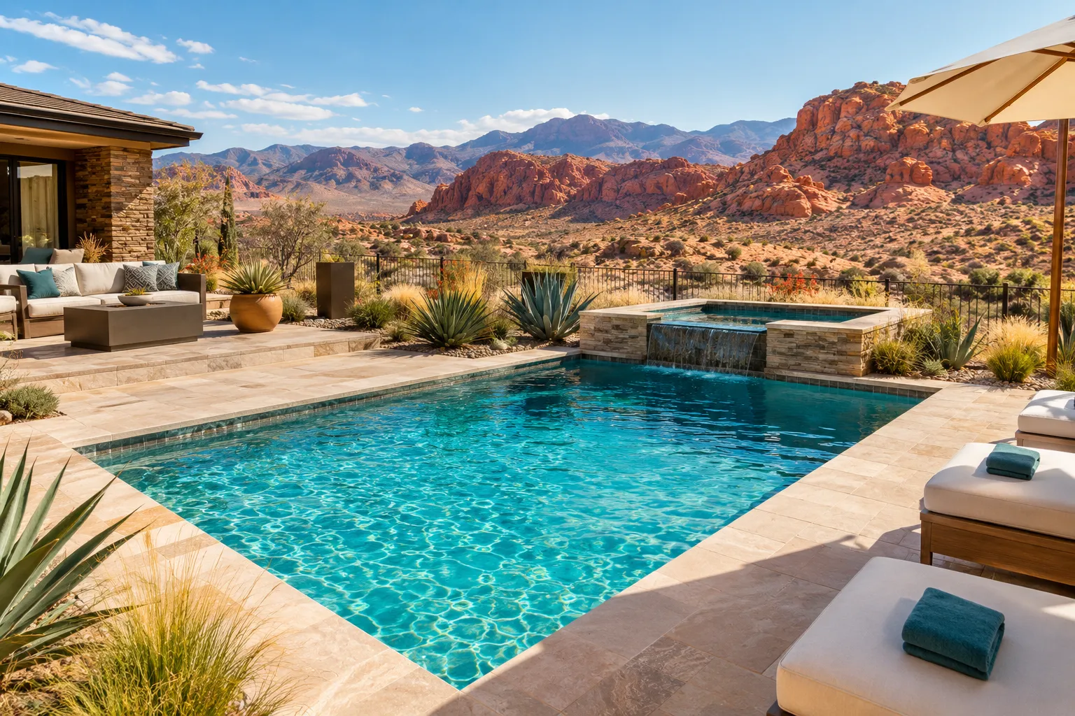 Editorial () cover image, no text overlays. A stunning aerial view of a luxury Nevada backyard in bright desert daylight: a