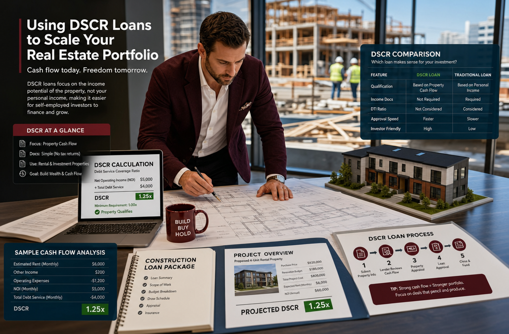 Wide-angle () showing a self-employed real estate investor in business casual attire reviewing architectural blueprints