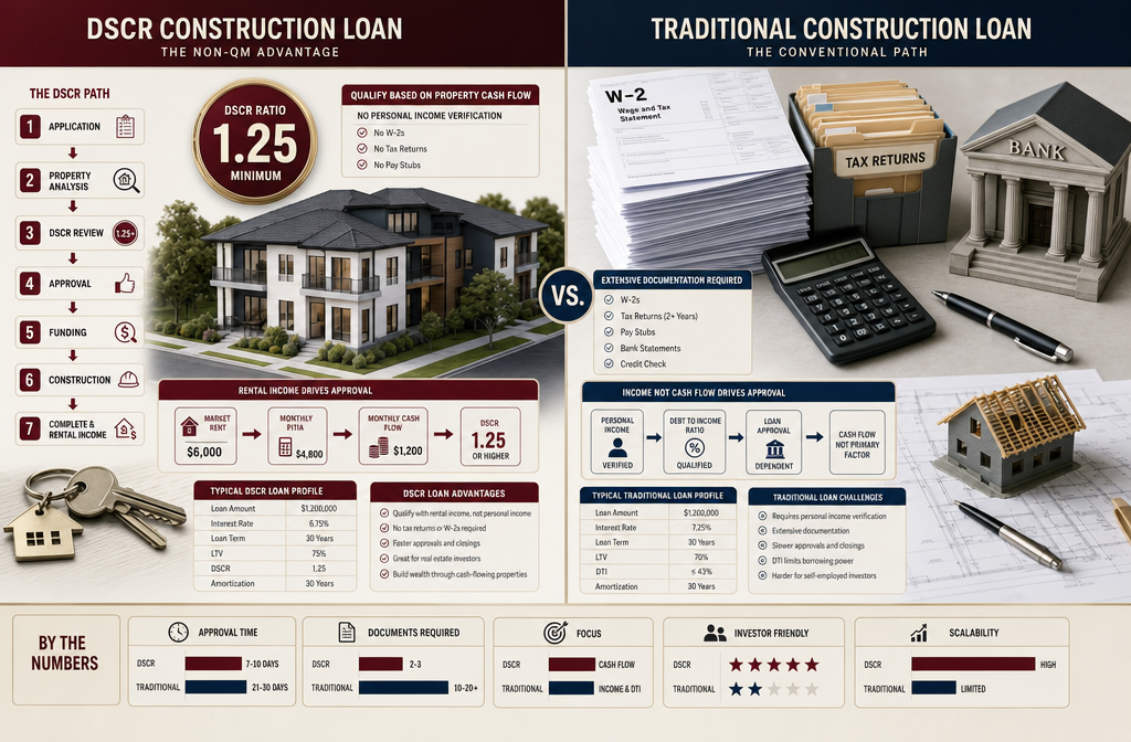 Overhead bird's-eye () infographic-style illustration showing a side-by-side comparison of DSCR construction loan vs