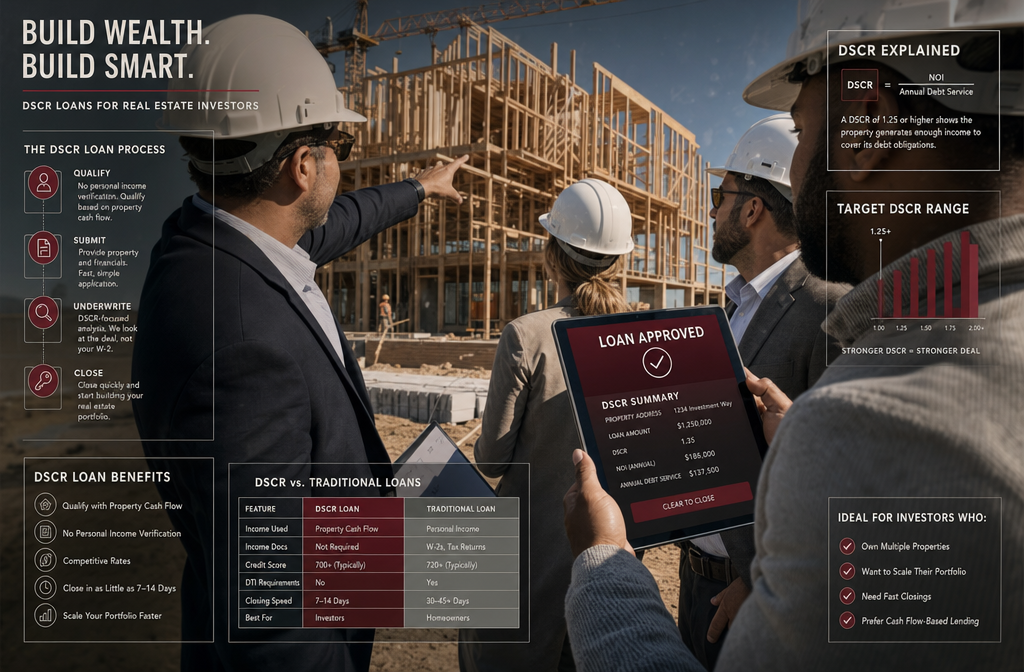 Close-up () showing a diverse group of real estate investors around a construction site — one pointing at framing of a new