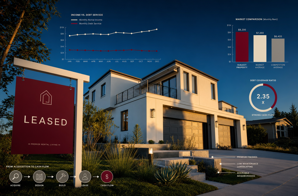 Dramatic low-angle () showing a newly completed modern rental property — clean lines, contemporary architecture, two-car