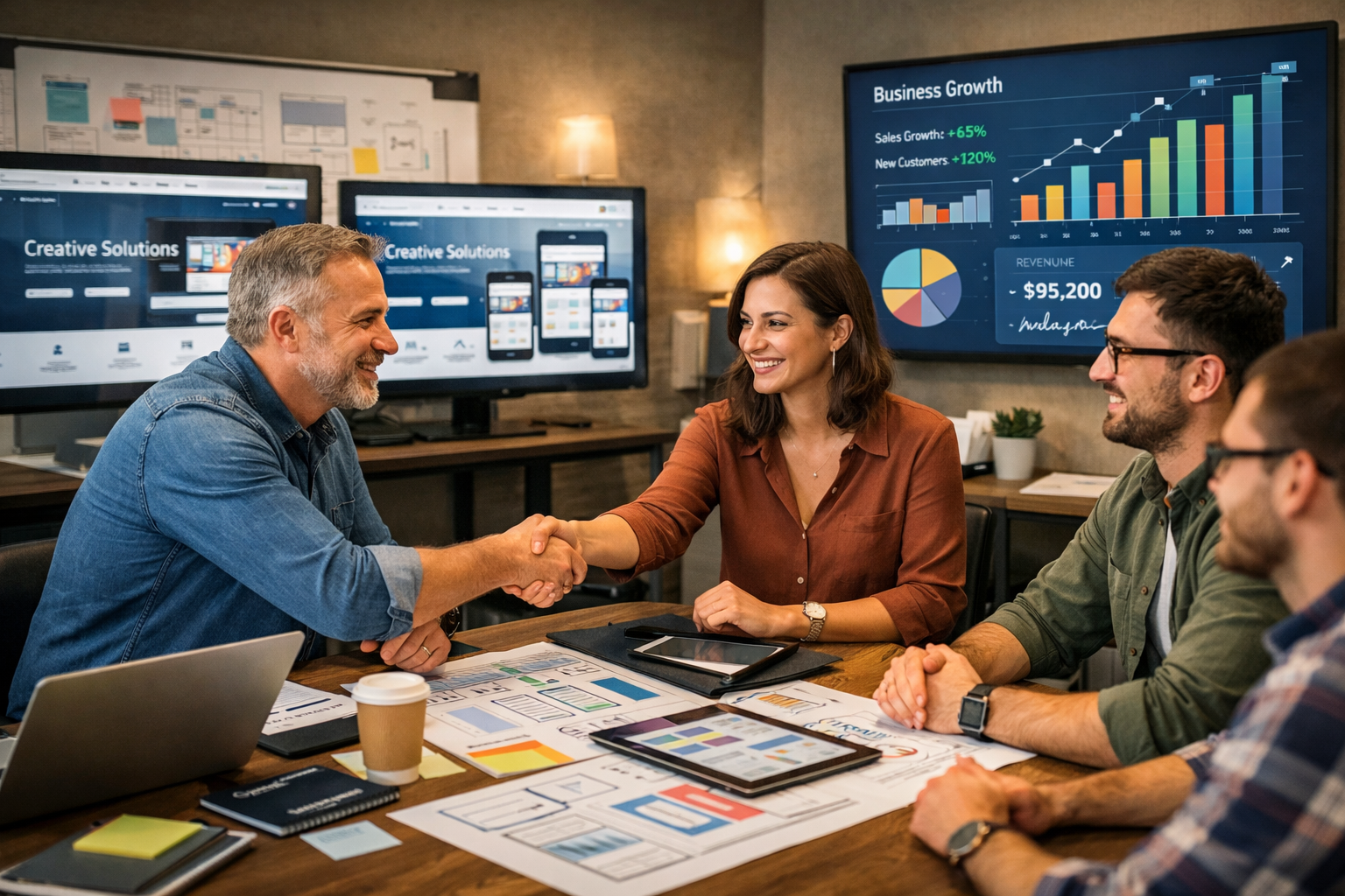 Landscape format (1536x1024) image showing small business owner shaking hands with web design agency team in modern office setting. Multiple - Webdesign Agentur für KMU 3 Landscape format (1536x1024) image showing small business owner shaking hands with web design agency team in modern office setting. Multiple