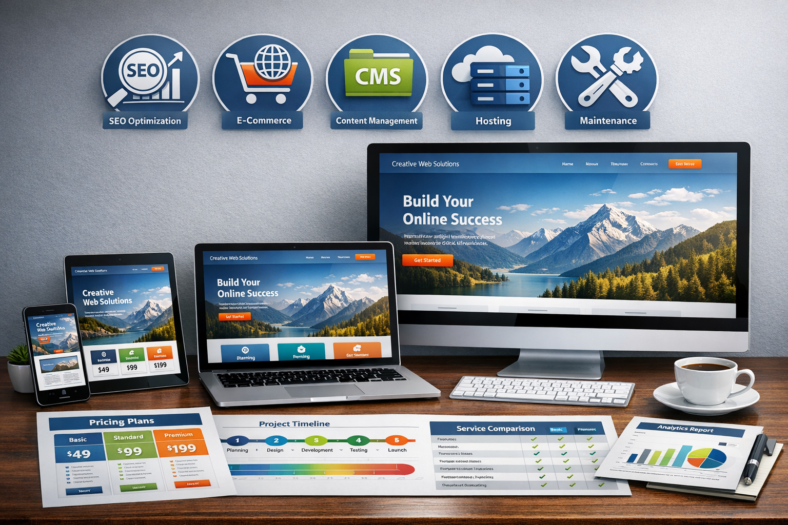 Landscape format (1536x1024) image displaying comprehensive web design service portfolio spread across desk. Multiple devices (smartphone, t - Webdesign Agentur für KMU 14 Landscape format (1536x1024) image displaying comprehensive web design service portfolio spread across desk. Multiple devices (smartphone, t